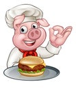 Pig Chef Holding Burger Cartoon Character