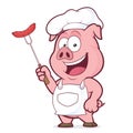 Pig chef holding a sausage on fork