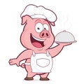 Pig chef holding silver cloche Royalty Free Stock Photo