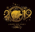 Pig 2019 in the Chinese calendar. Golden symbol on black. Royalty Free Stock Photo