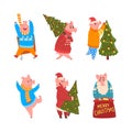 Pig Christmas Character Wearing Sweater and Scarf with Sack and Fir Tree Vector Set