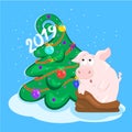 Pig and Christmas tree with balls. Happy new year. Symbol of 2019. Eastern horoscope. Greeting card.