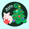 Pig and Christmas tree with balls. Happy new year. Symbol of 2019. Eastern horoscope. Greeting card.