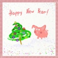 Pig and Christmas tree with balls. Happy new year. Symbol of 2019. Eastern horoscope. Greeting card.