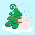 Pig at the Christmas tree. Funny character is happy. Happy new year. Greeting card.