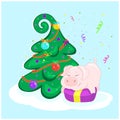 Pig at the Christmas tree. Surprised character sitting on the box. Happy new year. Greeting card.