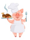 Pig with cooked dish served on plate, roasted chicken Royalty Free Stock Photo
