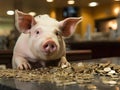 Pig counting coins in bank no text Royalty Free Stock Photo