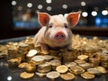 Pig counting coins in bank no text Royalty Free Stock Photo