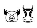 Pig and cow icons. Head farm animal stencil. Pork and beef sign