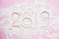 Pig 2019 . Cute pig nose drawn on flour or snow and 2019, and ch