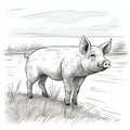 Detailed Illustration Of A Pig In The Grass By The Water