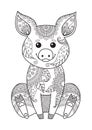 Pig doodle coloring book page. Antistress for adult. Zentangle style. Chinese symbol of the year the pig in the eastern horoscope