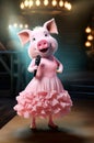 A pig in a dress screams or sings into a microphone