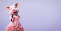 A pig in a dress screams or sings into a microphone