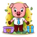 A pig dressed as businessman stand with many gifts