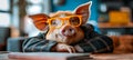 Pig dressed in business attire dining at a table in an elegant restaurant setting Royalty Free Stock Photo