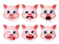 Pig emoji vector set. Pigs head animals emoticon with emotions and mood like hungry and funny isolated.