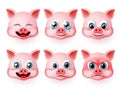 Pig emoticon vector set. Pigs cute emojis set with happy, angry and crying facial expressions and mood. Royalty Free Stock Photo