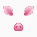 Pig face elements - ears and nose. Selfie photo and video chart filter with cartoon animals mask. Vector.