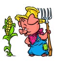 Pig farmer harvest corn cartoon