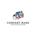 Pig flying with rocket logo design, cute pig cartoon animal pet care vector illustration Royalty Free Stock Photo