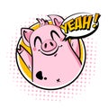 Pig in frame says yeah. Greeting card in comics style. Vector icon Royalty Free Stock Photo