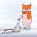 Pig in a hat in the winter with a sled rises uphill