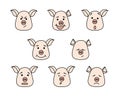 Pig head with different emotions, meme, icon. Single, vector images. Black outline. Pink color