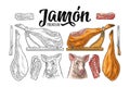 Pig head, jamon leg on horizontal wood stand. Vector engraving