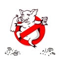 Pig line icon in prohibition red circle, No littering ban sign, forbidden symbol.