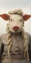 Analog Portrait Of A Pig With Braided Braids And Trachten