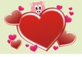 Pig,many hearts, red and pink, for text on green background.