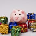 Pig money box between christmas gift Royalty Free Stock Photo