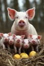 pig mother looking at camera while keeping safe her little pink pigs Royalty Free Stock Photo