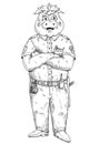 Pig with paws crossed dressed in police uniform. Vintage monochrome hatching