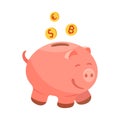 Pig piggy bank with bitcoin coins, euro dollar.