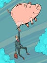 pig piggy bank and businessman with briefcase. Banking and economic activity. Financial migration