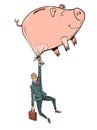 pig piggy bank and businessman with briefcase. Banking and economic activity. Financial migration