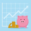 Pig piggy bank, coins and graph with rising arrow