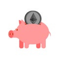 Pig piggy bank and etherium. Financial illustration. Accumulation of crypto currency. Vector illustration Royalty Free Stock Photo