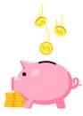 Pig piggy bank with falling golden coins Saving or save money Royalty Free Stock Photo