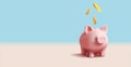 Pig piggy bank with gold coins falling. 3d render realistic vector illustration, bank digital icon Royalty Free Stock Photo