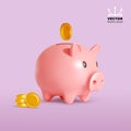 Pig piggy bank and gold coins. Money creative business concept. Realistic vector 3d design. Financial services. Safe finance Royalty Free Stock Photo