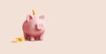 Pig piggy bank with gold coins pile. 3d render realistic vector illustration, bank digital icon Royalty Free Stock Photo