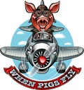 Pig in pilot outfit, flying airplane and banner with text `when pigs fly` Royalty Free Stock Photo