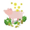 A pig of a pink piggy bank with a pile of gold coins Royalty Free Stock Photo