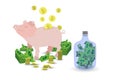 Pig pink piggy bank with a stack of gold coins Royalty Free Stock Photo