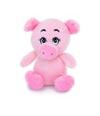 Pig plushie doll isolated on white background with shadow reflection. Hog plush stuffed puppet on white backdrop.