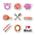 Pig, pork meat - ham and bacon labels icons set